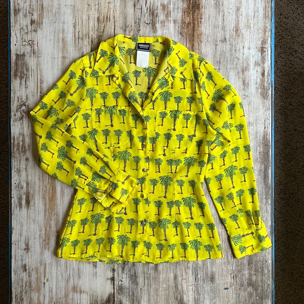 Vintage Versace Jeans Couture Blouse S Yellow Palm Tree Print